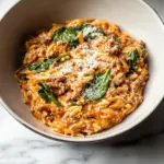 Ground Beef Orzo with Tomato Cream Sauce