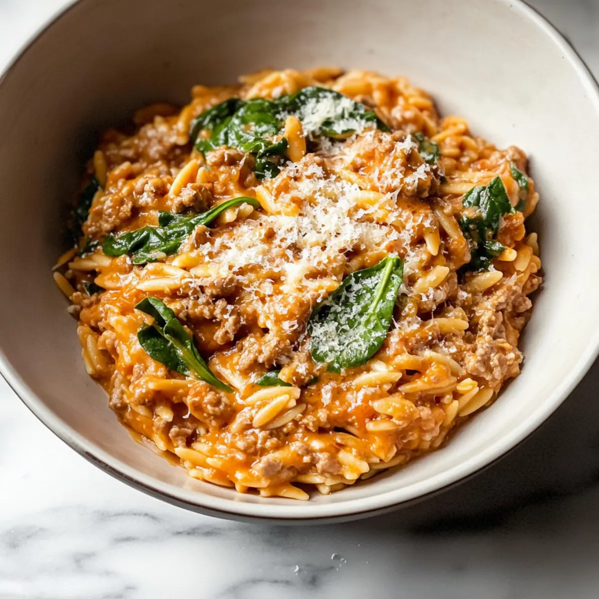 Ground Beef Orzo with Tomato Cream Sauce