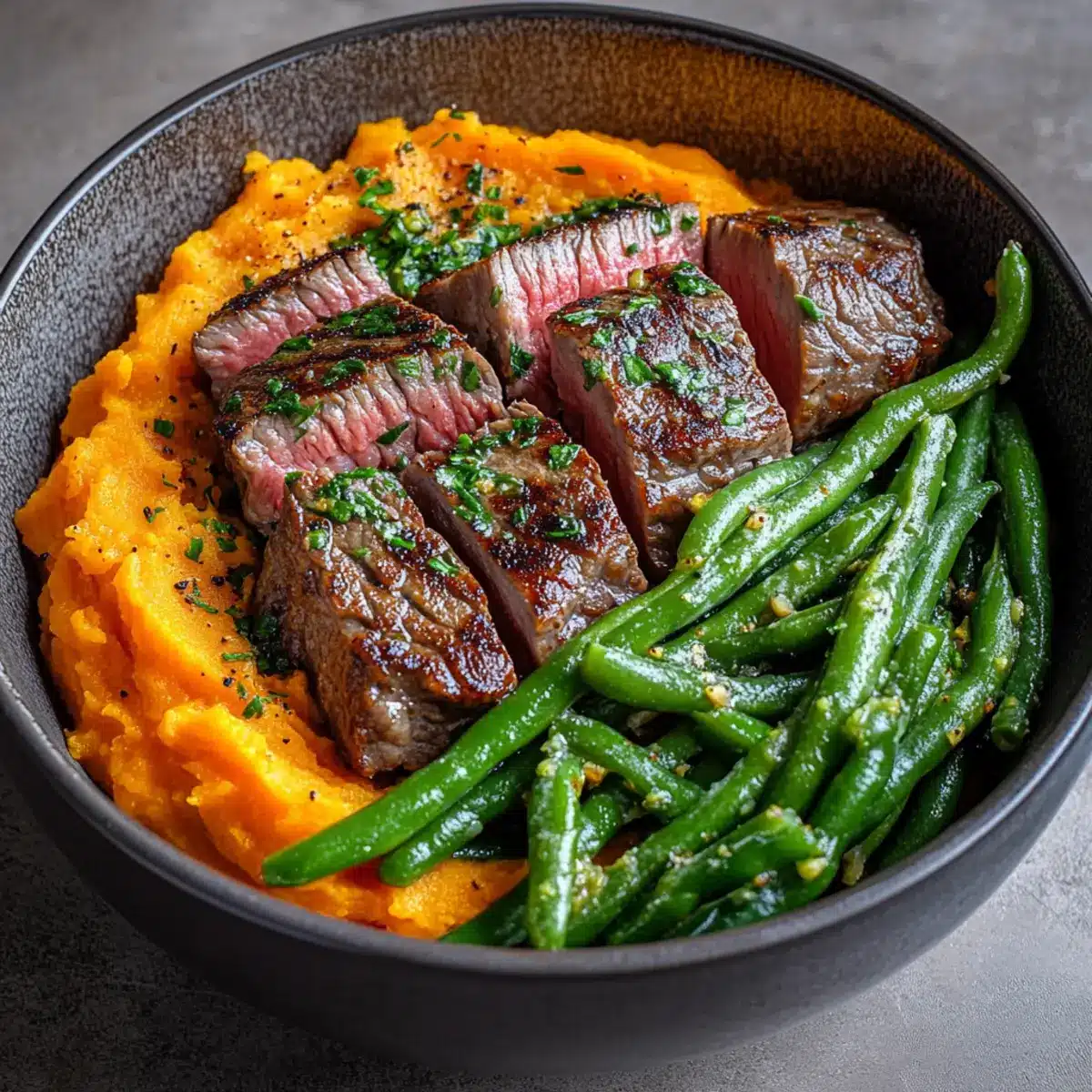 Steak Bowl with Sweet Potato Mash & Garlic Green Beans